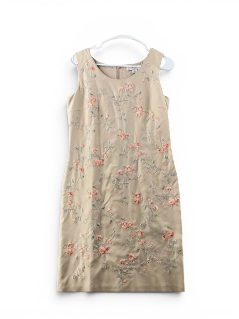 Vintage Casual Corner Silk Sleeveless Floral Embroidery Beige Dress Fairy Ballet